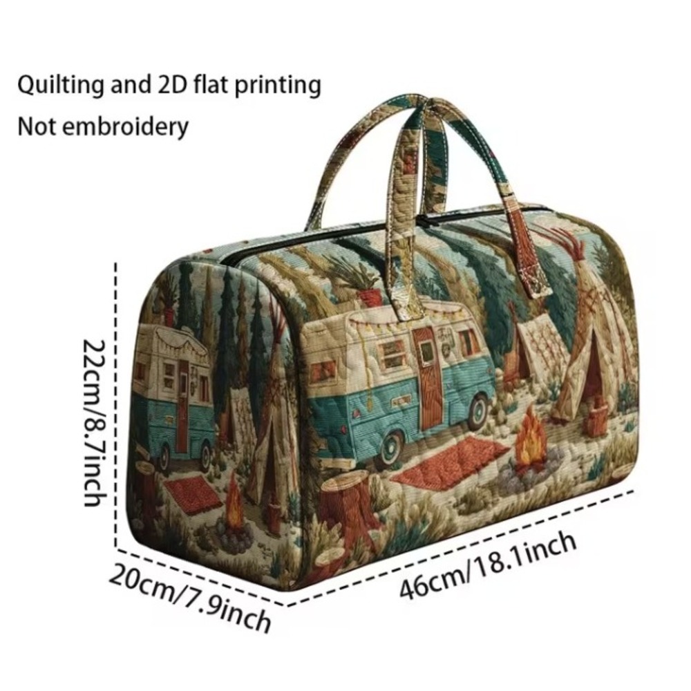 Large Multicolor Quilted Camping Print Duffel Bag Large - Picture 3 of 3